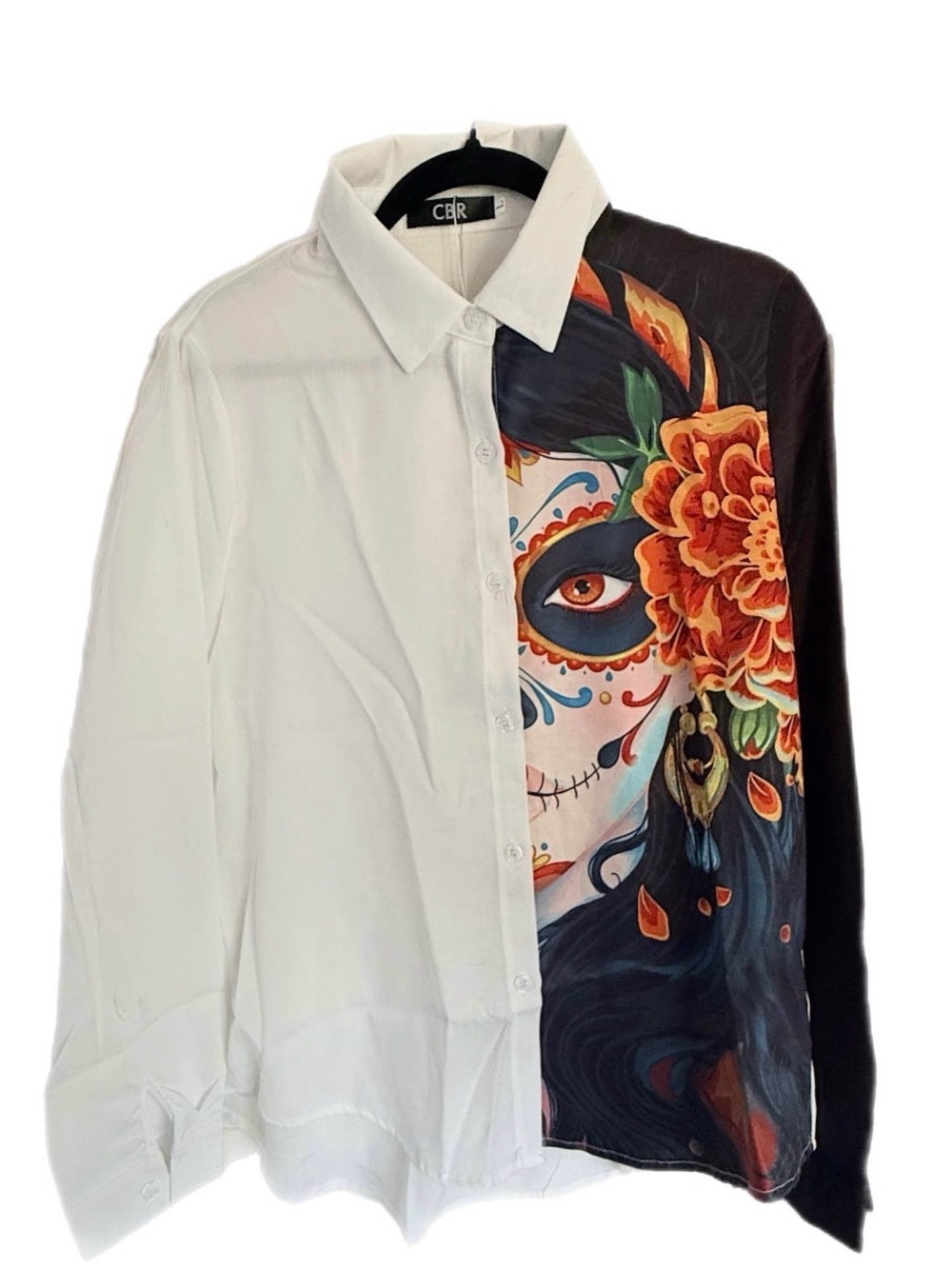 CBR women's Two-Tone Day of the Dead Floral Panel Shirt - White & Black